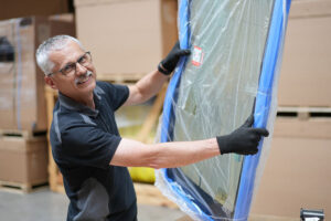 Mann verpackt Fenster im Lager