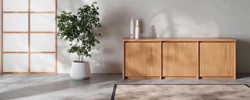 Simple room with wooden cupboard and potted plant.